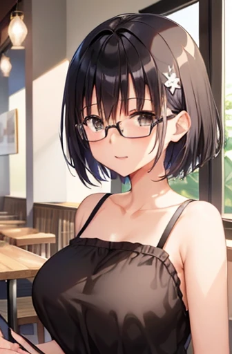 (With a girl、、Black-haired、short hair、Straight hair、hair ornaments、Light brown eyes、Laughter、Wearing black glasses、、Cute Face)、masterpiece、Highest quality、naked、restaurant、toast、coffee,Big Breasts