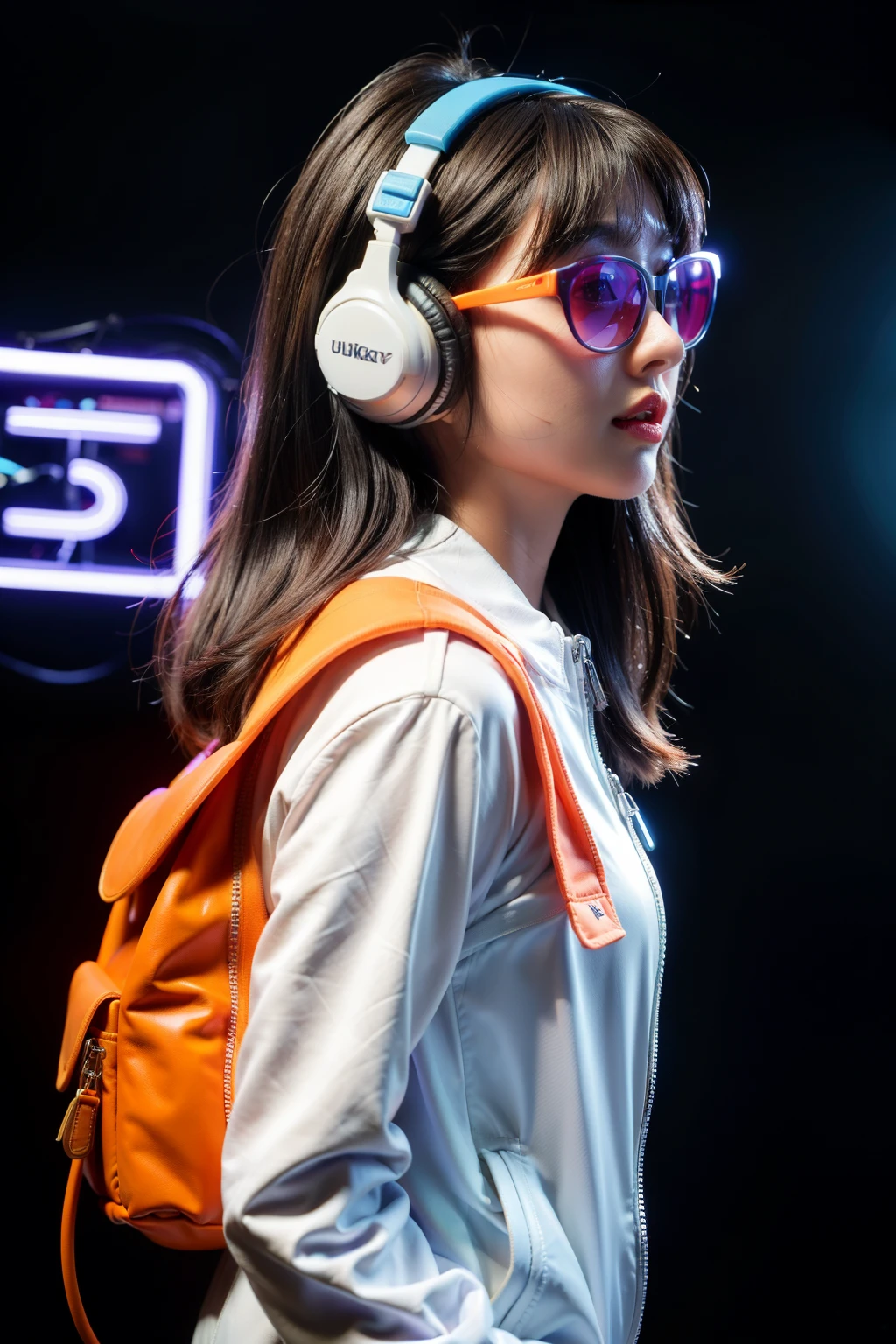 (front view:1.4), a women 30 year old, solo, orange spacesuit, bangs, brown(long hair), a headphones on the neck(white color blue neon lights on it), blurry_background, purple neon light, backpack, zipper, urban techwear, outfit, rayban sunglasses, Fungky stylish.