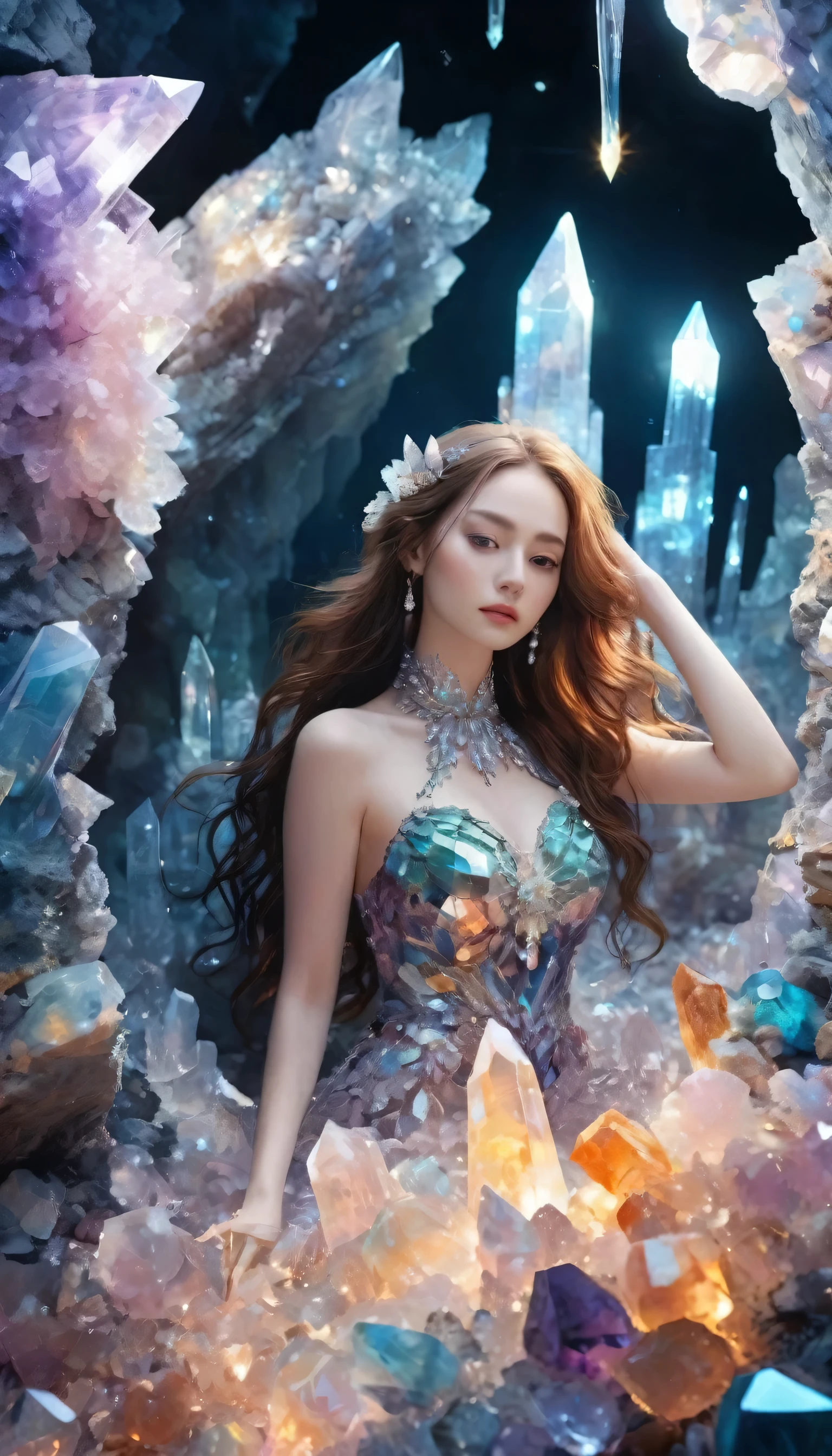 A beautiful woman，Half-length photo，Wearing clothes made of crystal，Surround yourself with magical cave walls made of mineral crystals，covered with precious crystals, Crystal Cluster，underground, exploration, Stibnite crystals，Glowing crystal, fluorite crystal,Related mineral crystals , Mysterious atmosphere, Shiny crystal, Natural Crystal, sparkling reflections, underground湖, Hidden treasure, mineral structure，(Best quality，Extremely detailed，Best Illustration Award，The best shadow，masterpiece，high resolution，），Surrealism，(Multiple Exposure:1.5)