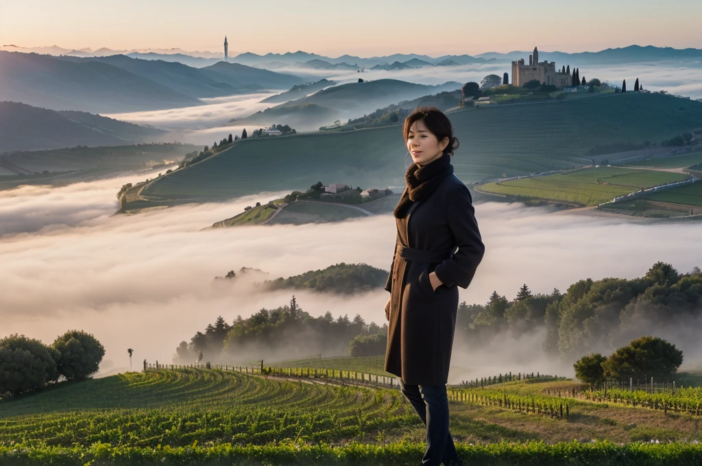 travel to italy, italian countryside dawn, foggy vineyard, endless vineyard, 안개낀 standing on a high hill. The cathedral can be seen in the distance through the fog... The morning sun comes brightly. ((korean mature, 55 year old woman)), alone, ((wrinkles appear on the face)), Elegant and humble appearance, short medium bob hair, luxury brand sleeveless, 1 woman, 1 woman, The cathedral can be seen in the distance through the fog... Shot with Canon camera 16-35 wide angle lens, standing on a high hill. 1 woman