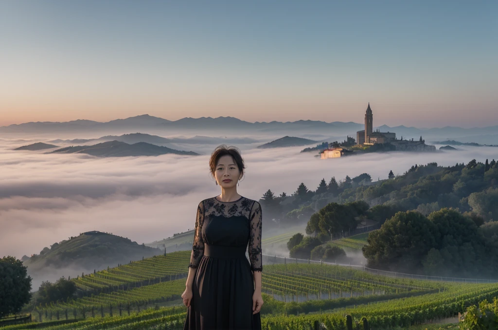 travel to italy, italian countryside dawn, foggy vineyard, endless vineyard, 안개낀 standing on a high hill. The cathedral can be seen in the distance through the fog... The morning sun comes brightly. ((korean mature, 55 year old woman)), alone, ((wrinkles appear on the face)), Elegant and humble appearance, short medium bob hair, luxury brand sleeveless, 1 woman, 1 woman, The cathedral can be seen in the distance through the fog... Shot with Canon camera 16-35 wide angle lens, standing on a high hill. 1 woman