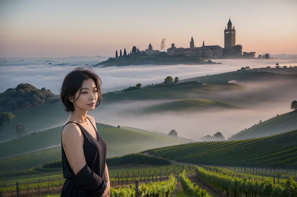 travel to italy, italian countryside dawn, foggy vineyard, endless vineyard, 안개낀 standing on a high hill. The cathedral can be seen in the distance through the fog... The morning sun comes brightly. ((korean mature, 55 year old woman)), alone, ((wrinkles appear on the face)), Elegant and humble appearance, short medium bob hair, luxury brand sleeveless, 1 woman, 1 woman, The cathedral can be seen in the distance through the fog... Shot with Canon camera 16-35 wide angle lens, standing on a high hill. 1 woman