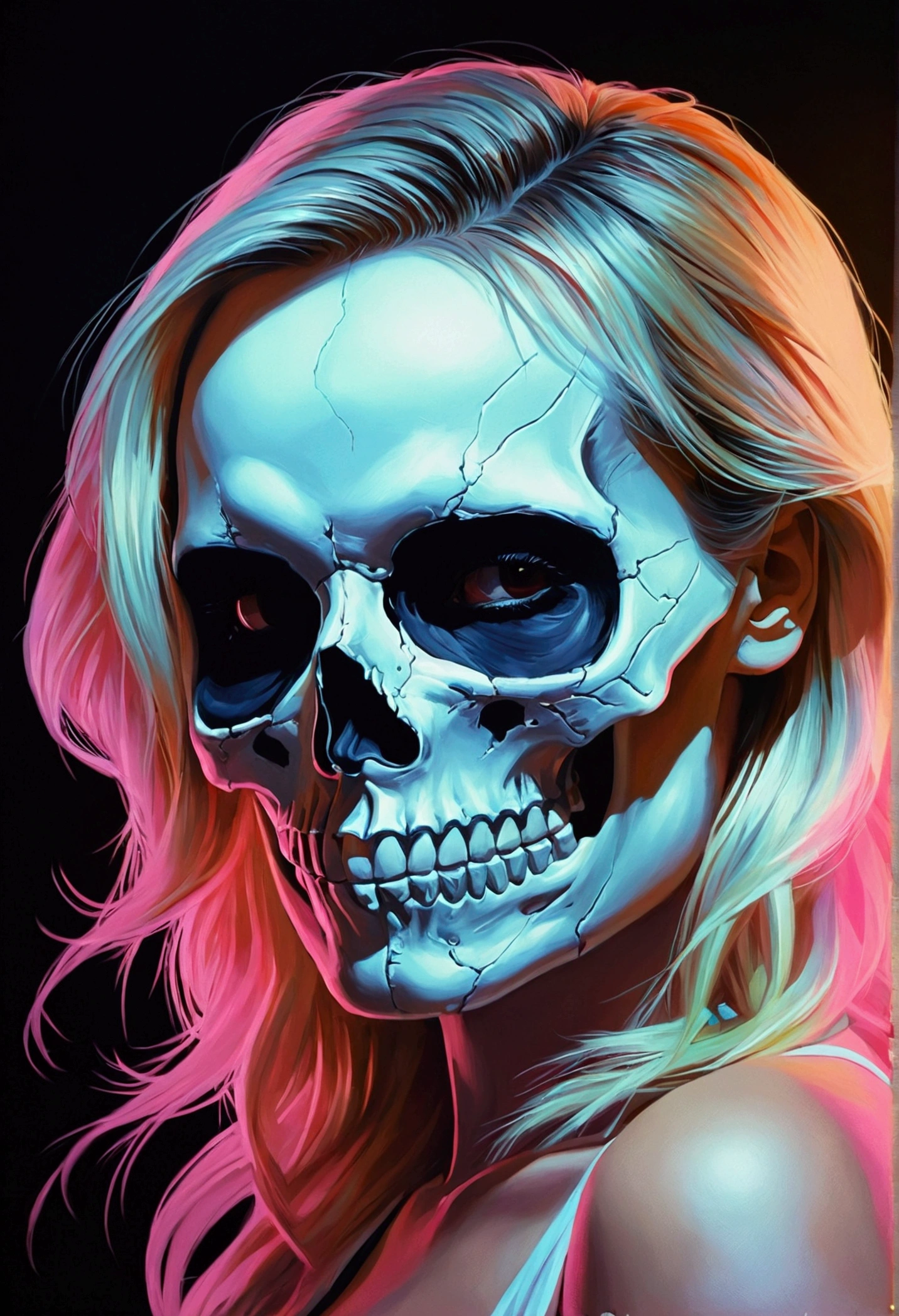 skull, art:Alessandro Pautasso, 活気のあるファンart, カラフルな映画art, Vivid color hyperrealism, 鮮やかな漫画art, rossdraws cartoon vibrant,Neon Operator Margot Robbie, artジャームカラフル!!!