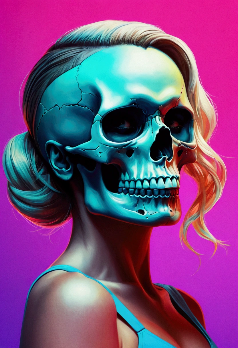 skull, art:Alessandro Pautasso, 活気のあるファンart, カラフルな映画art, Vivid color hyperrealism, 鮮やかな漫画art, rossdraws cartoon vibrant,Neon Operator Margot Robbie, artジャームカラフル!!!