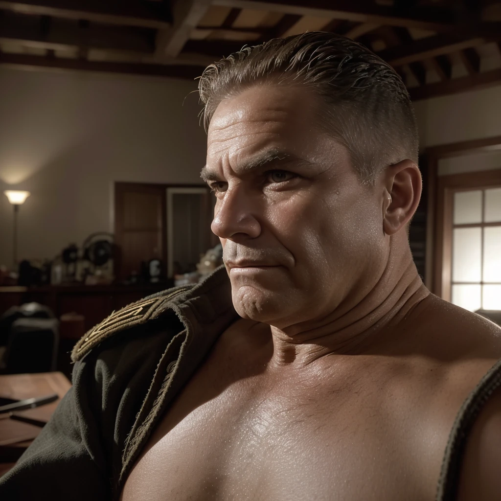 Front View, Centered,Ultra-realistic RAW portrait of a 50-year-old man, military hair, He is wearing attire of a warrior. The scene takes place in a room. The lighting should dramatic contrasts to highlight the intricate details of your costume. Photographed with a professional DSLR camera to capture fine details and depth.