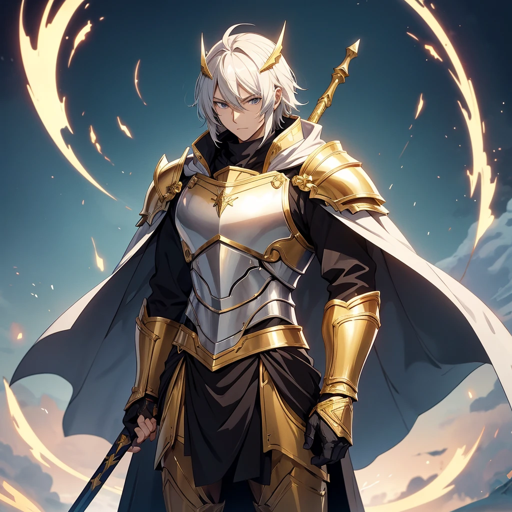 anime style, knight standing near the gate, his armor is golden, and the cloak is white. In his right hand he has a halberd. He stands at attention