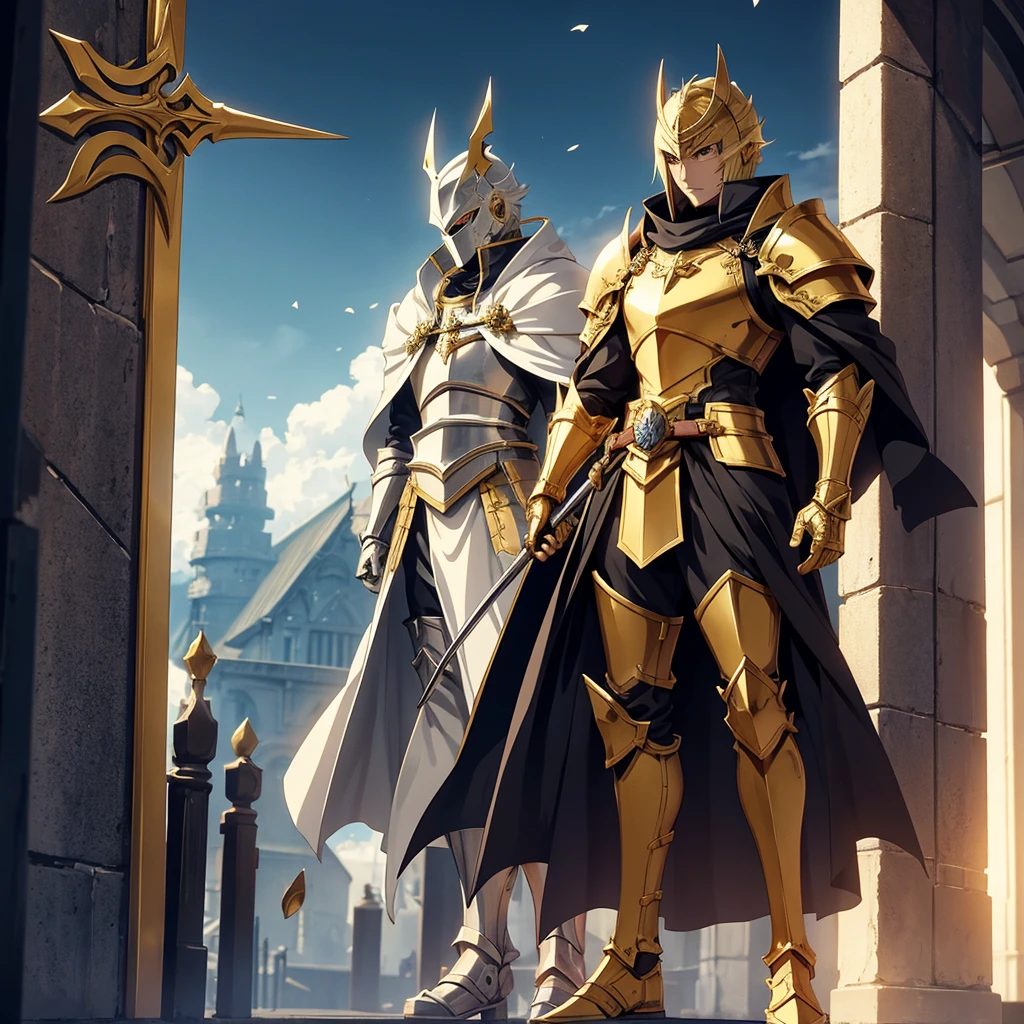 anime style, knight standing near the gate, his armor is golden, and the cloak is white. In his right hand he has a halberd. He stands at attention