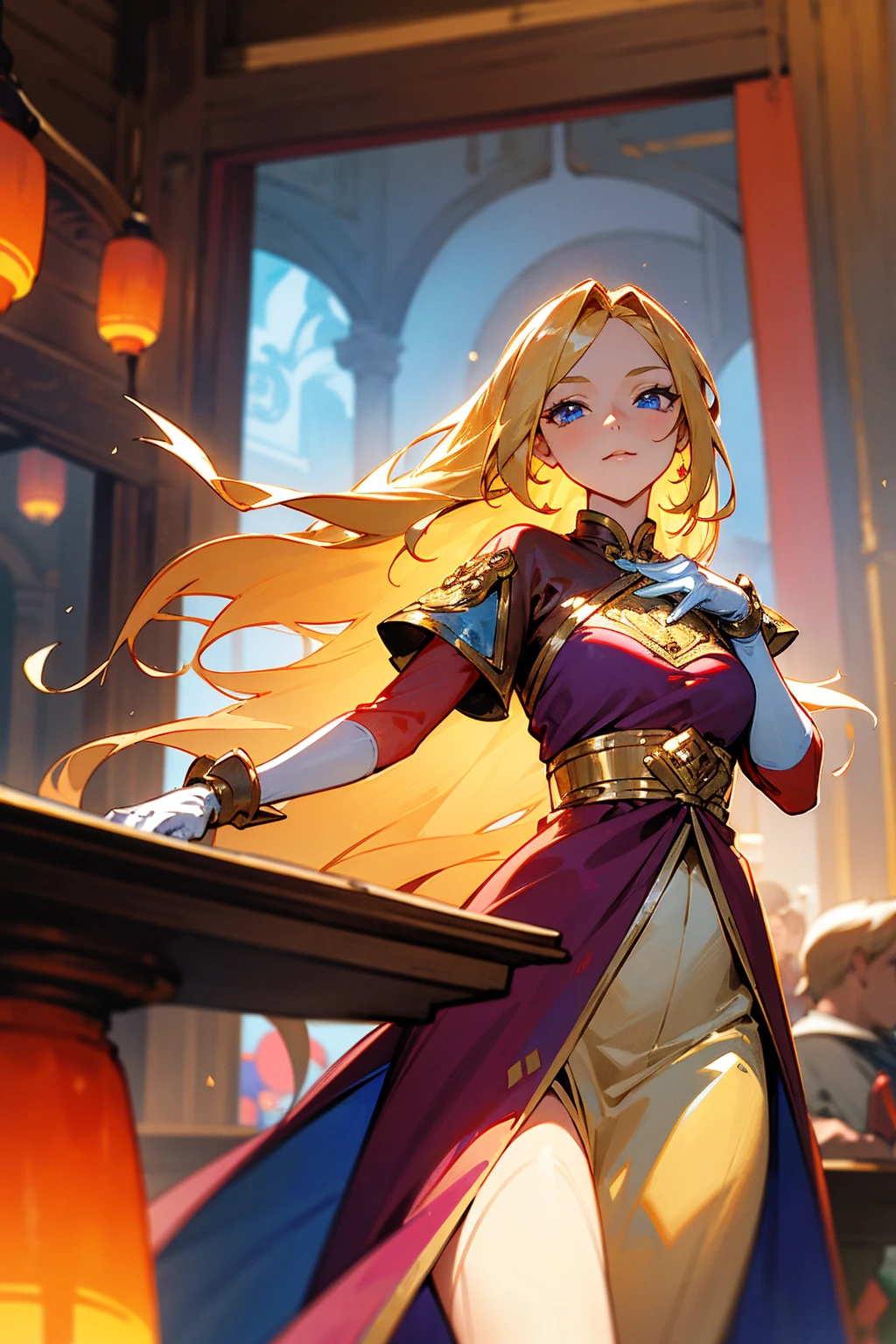 Masterpiece, 8k, a woman with long, flowing golden blonde hair and sapphire blue eyes, wearing a flowing maroon dress with silver flame patterns, and white gloves. The scene is set in a vibrant, bustling marketplace with colorful stalls and lanterns. Standing on path