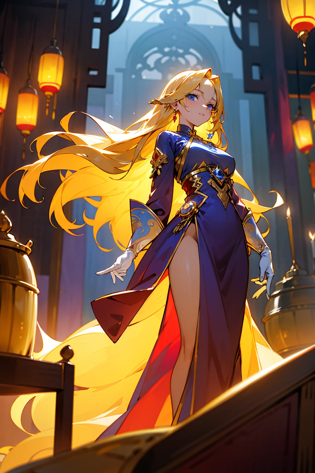 Masterpiece, 8k, a woman with long, flowing golden blonde hair and sapphire blue eyes, wearing a flowing maroon dress with silver flame patterns, and white gloves. The scene is set in a vibrant, bustling marketplace with colorful stalls and lanterns. Standing on path