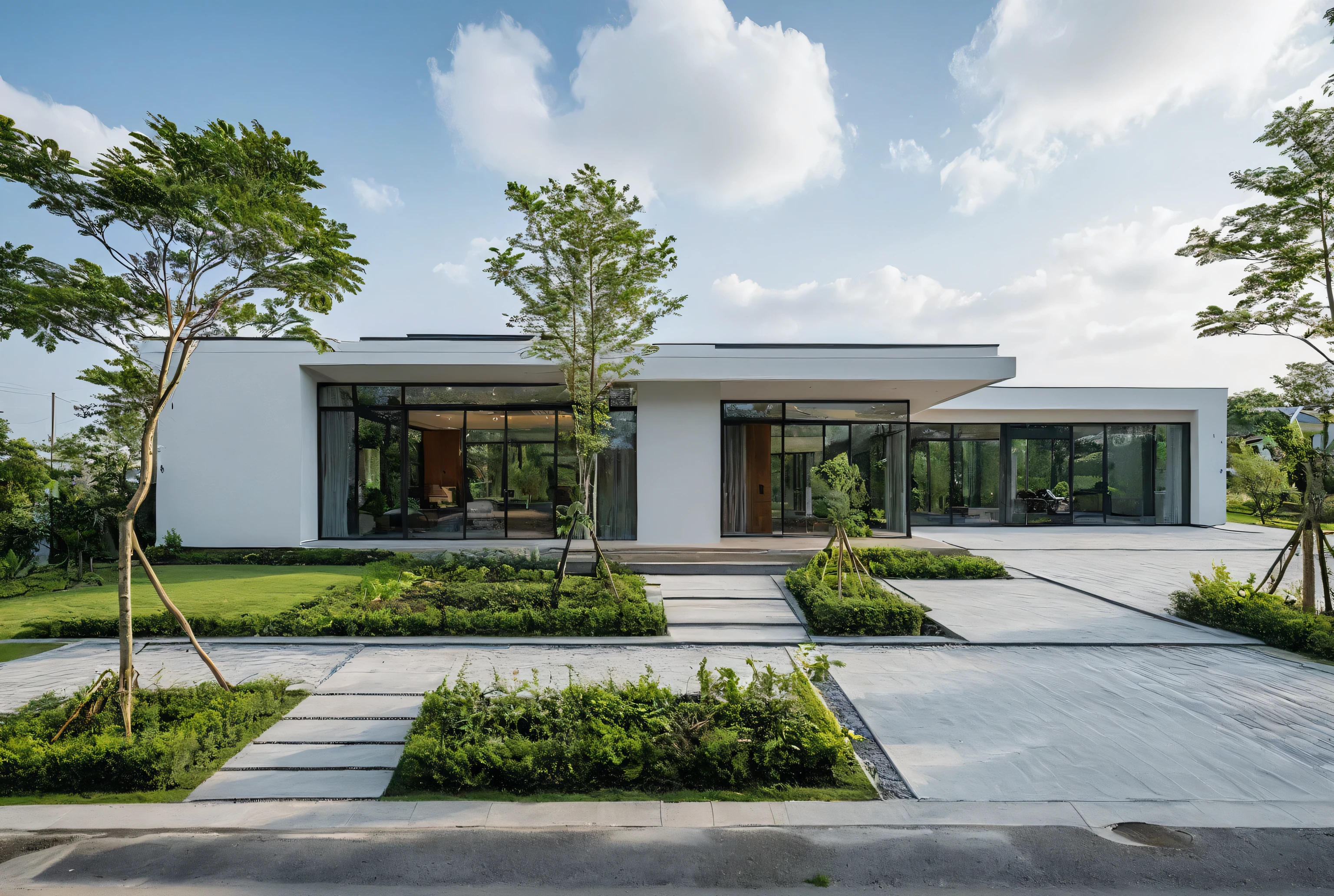 A modern, single-story house with a minimalist design, featuring large glass doors and a spacious driveway. The exterior is characterized by clean lines and a flat roof, with a car parked under a sleek carport to the right. The surrounding landscape includes manicured plants and a pruned tree, adding a touch of greenery to the modern architecture. The sky is partly cloudy, providing a soft, natural light that enhances the white facade of the house. Photography parameters: ISO 100, f/8, shutter speed 1/125s. Lighting: natural daylight, with even distribution of light and soft shadows. Image effect: high clarity, with emphasis on the architectural lines and textures, ensuring vibrant and true-to-life colors.
