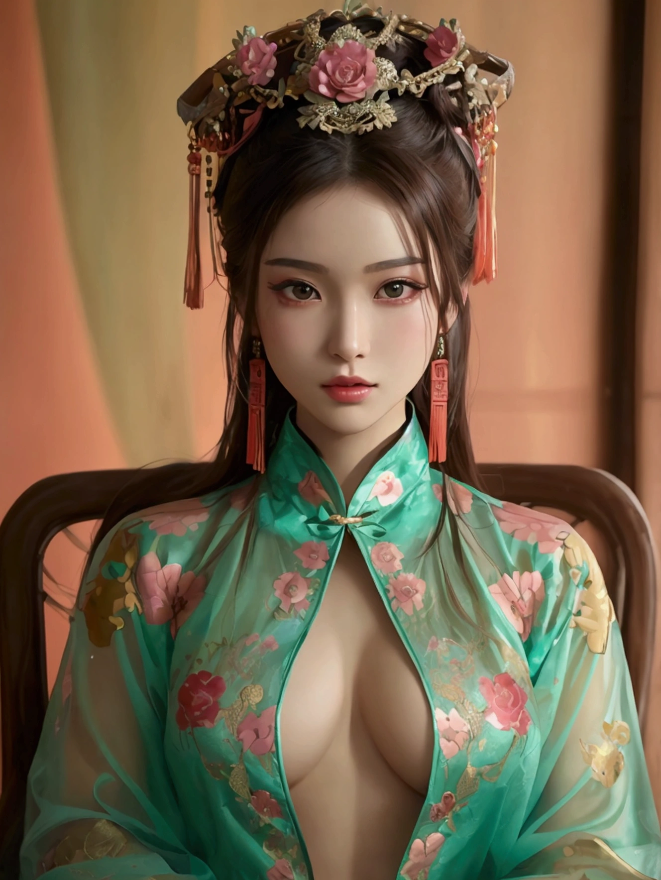 Create an image of a beautiful woman wearing a sexy Chinese concubine outfit. She has a slender face, sharp eyes, long hair, an angled face, a high nose, thin lips, a chest size of 32 inches, a waist size of 24 inches, hips size 33 inches, her skin is bright and white. she has brown hair She has pink nipples Her body was slim and muscular like an athlete. And she was enjoying sitting with her legs spread open showing off her very attractive genitals.