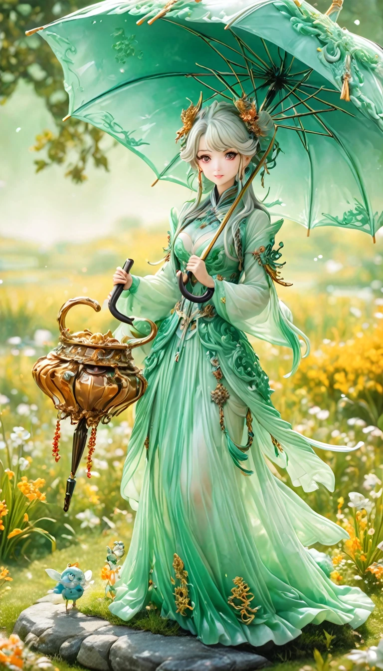 best quality, very good, 16K, ridiculous, Very detailed, charming(((Person holding an umbrella1.3)))，Made of translucent jadeite, Background grassland（（A masterpiece full of fantasy elements）））， （（best quality））， （（Intricate details））（8K）