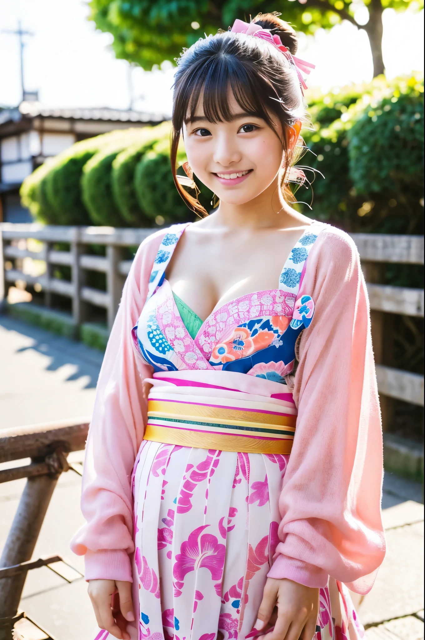 Very cute face like a -yeld idlike々A 20-year-old woman with a cute face、Gentle and cute、A kind smile、(((A cute, traditional Japanese long-sleeved pink yukata)))、(Japanese festivals)、(((Full body portrait)))、(((Her chest is exposed)))、((Cleavage))、((Detailed and careful depiction))、RAW Photos、Genuine、High resolution