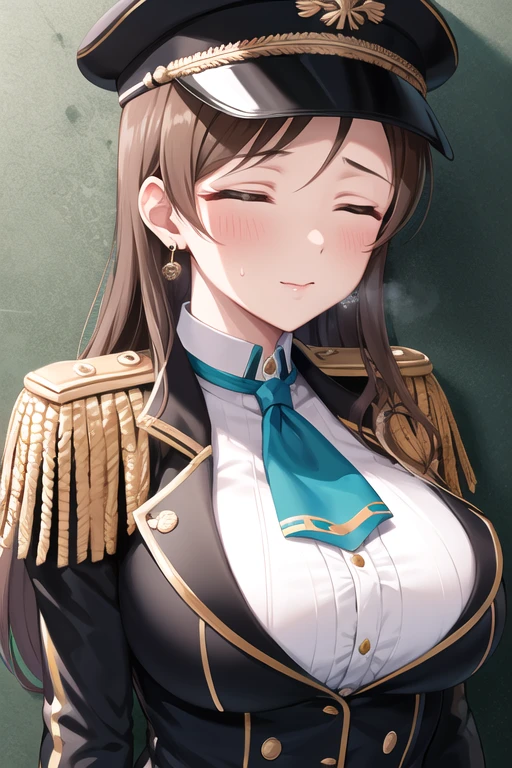 masterpiece, best quality, highres, aanitta, long hair, (black peaked cap), earrings, big breasts, muscular body, military uniform, epaulettes, badges, (black shirt:1.2), bulletproof vest,  (white ascot), black sleeves, long sleeves, idolmaster, close-up, standing, indoors, against wall, aroused facial expression, closed eyes, blush, sweat