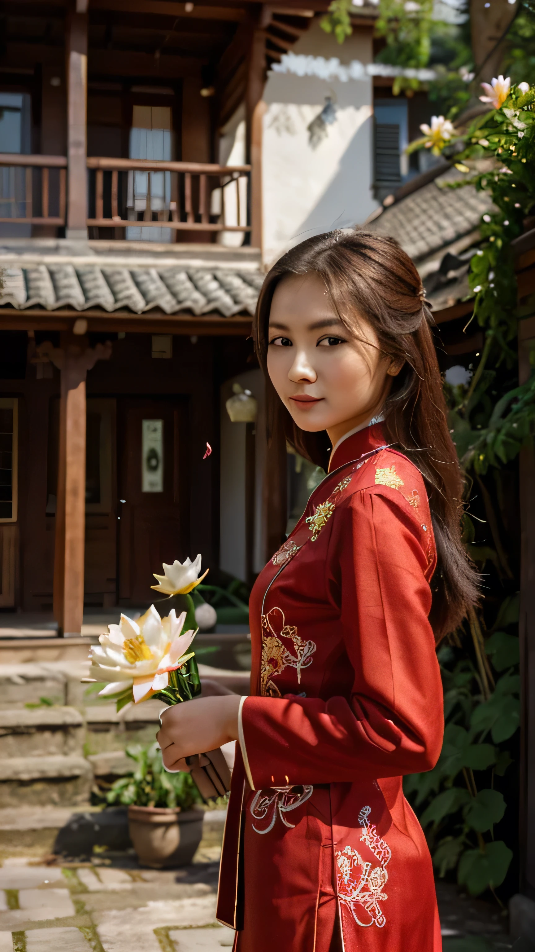 "A wooden pressed portrait photo measuring 40x60 cm, Take a photo of a girl wearing a traditional red ao dai, with exquisite embroideries. She stood sideways, hand holding a bouquet of lotus flowers, eyes looking far away with a gentle smile. The background is an old house or garden with trees and flowers, Enhances the traditional and elegant beauty of the girl