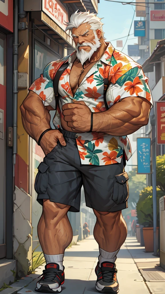 Solo, 1man, 1boy, old man in street city, old man, thick arm, huge arm, bearded. white hair and beard, bearded, muscular, pectoral, wide pectoral, realistic, 8k, masterpiece, (wearing shorts and wearing Hawaiian shirt, shoes)