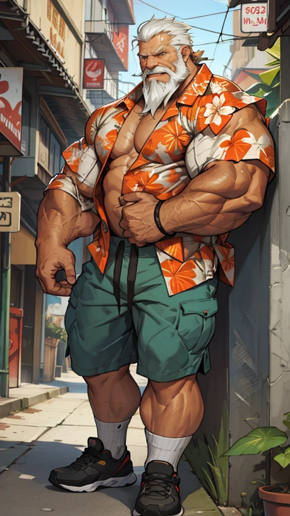 Solo, 1man, 1boy, old man in street city, old man, thick arm, huge arm, bearded. white hair and beard, bearded, muscular, pectoral, wide pectoral, realistic, 8k, masterpiece, (wearing shorts and wearing Hawaiian shirt, shoes)