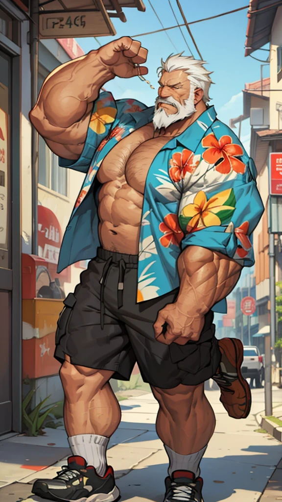 Solo, 1man, 1boy, old man in street city, old man, thick arm, huge arm, bearded. white hair and beard, bearded, muscular, pectoral, wide pectoral, realistic, 8k, masterpiece, (wearing shorts and wearing Hawaiian shirt, shoes)