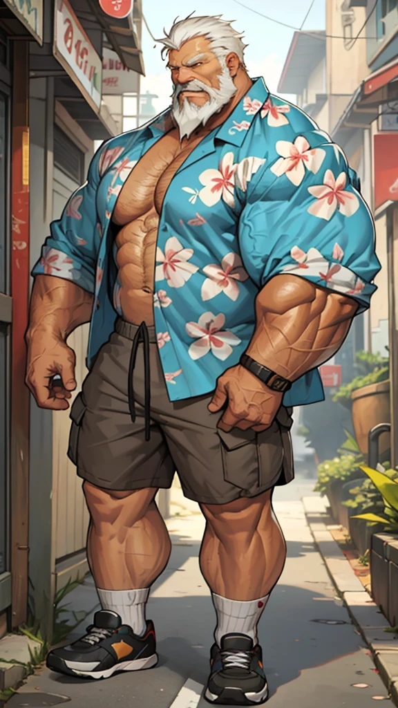 Solo, 1man, 1boy, old man in street city, old man, thick arm, huge arm, bearded. white hair and beard, bearded, muscular, pectoral, wide pectoral, realistic, 8k, masterpiece, (wearing shorts and wearing Hawaiian shirt, shoes)