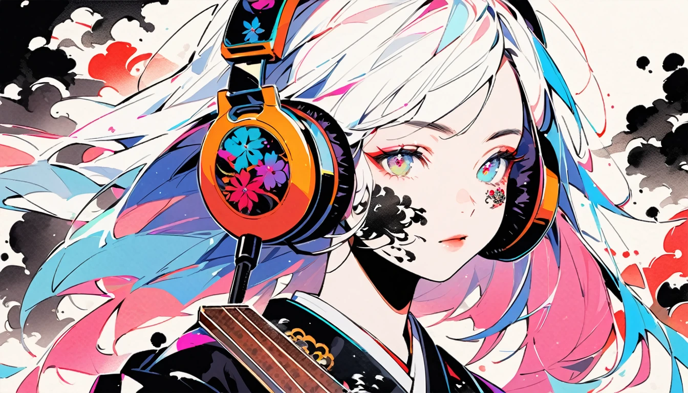 (((Ink Painting))), ((Japanese style headphones)), (((Japanese pattern tattoo on face))), electric bass, Gorgeous hair accessories, Japanese, vividcolor, face close up