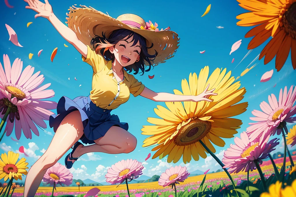 A lively animation, cartoon style, medium shot of a woman in a wide-brimmed hat, joyfully dancing and jumping with energy. She twirls and leaps in a vibrant field of colorful flowers, under a bright, sunny sky. The flowers sway and petals flutter around her, capturing her very active spirit.