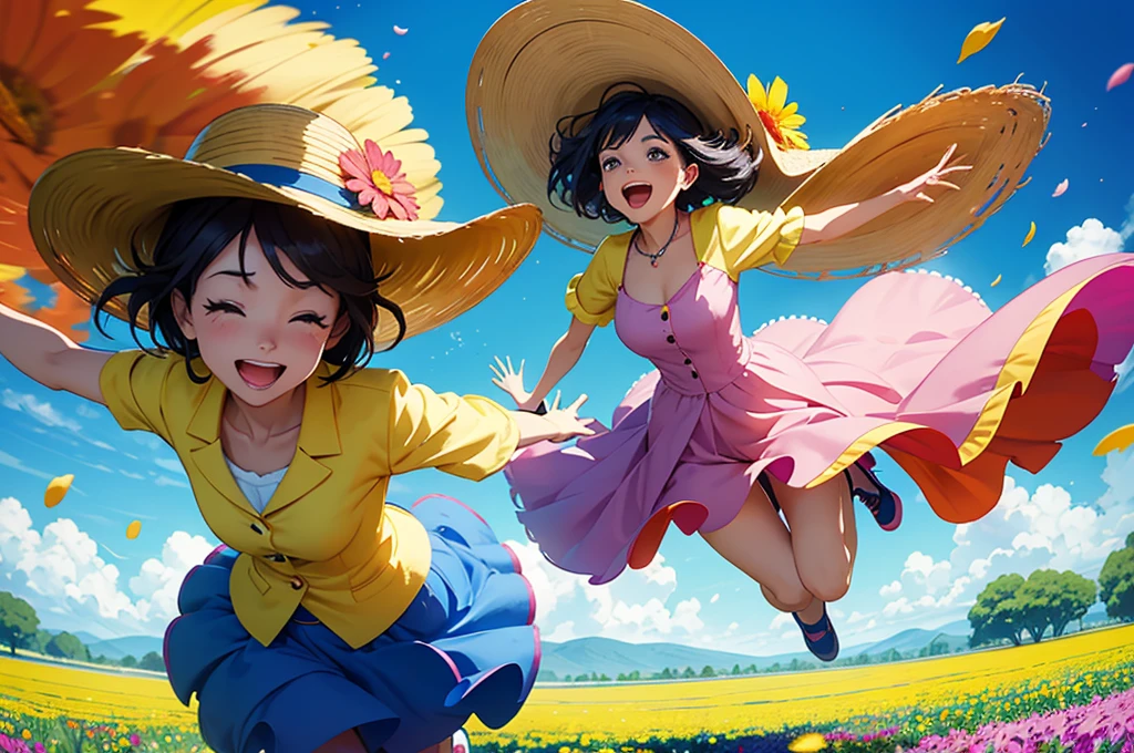 A lively animation, cartoon style, medium shot of a woman in a wide-brimmed hat, joyfully dancing and jumping with energy. She twirls and leaps in a vibrant field of colorful flowers, under a bright, sunny sky. The flowers sway and petals flutter around her, capturing her very active spirit.