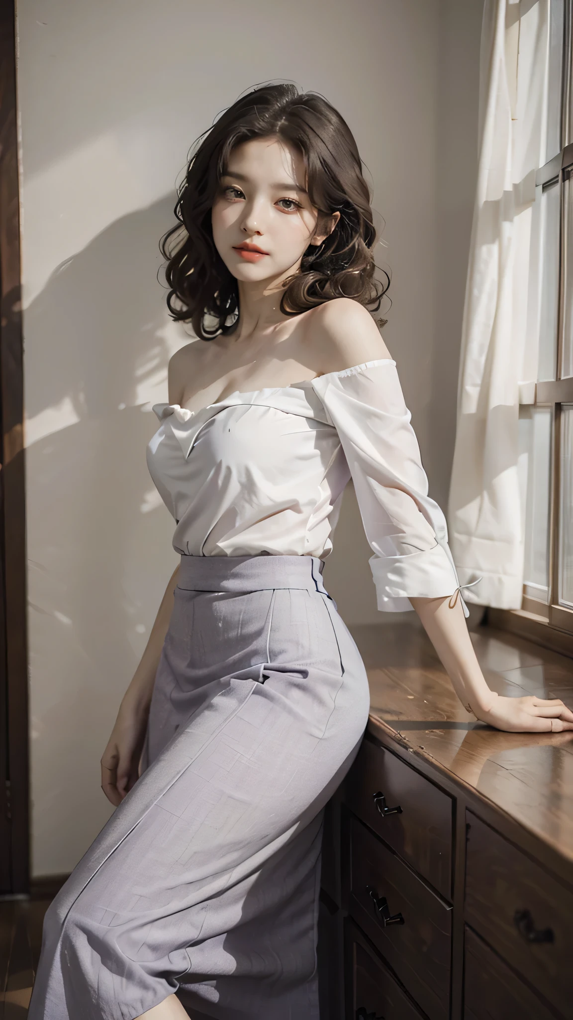 detailed background, masterpiece, best quality, 1 person , curly hair, long hair, purple eyes, star in eye ,lime green Strapless blouse, long skirt, looking at viewer, wooden furniture behind, indoor