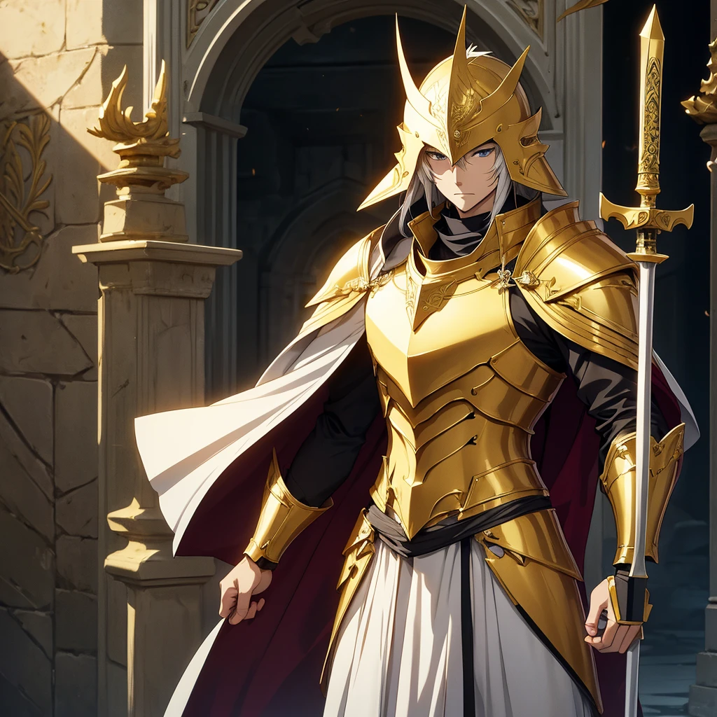 anime style, knight standing near the gate, his armor is golden, and the cloak is white. In his right hand he has a halberd. Face covered with helmet 