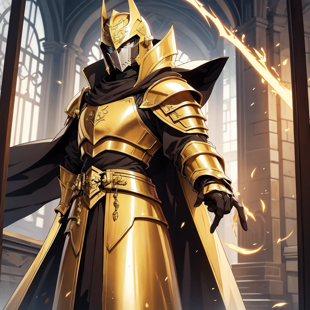 anime style, knight standing near the gate, his armor is golden, and the cloak is white. In his right hand he has a halberd. Face covered with helmet 