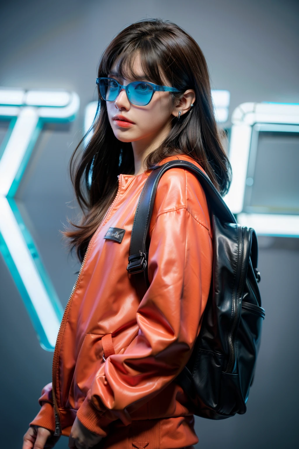 (front view:1.4), a women 30 year old, solo, orange spacesuit, bangs, brown(long hair), a headphones on the neck(white color blue neon lights on it), blurry_background, purple neon light, backpack, zipper, urban techwear, outfit, rayban sunglasses, Fungky stylish.