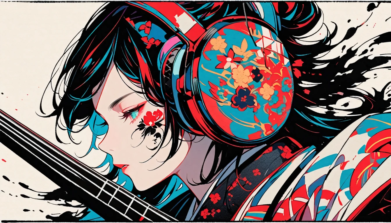 (((Ink Painting))), ((Japanese style headphones)), (((Japanese pattern tattoo on face))), electric bass, Gorgeous hair accessories, Japanese, vividcolor, face close up