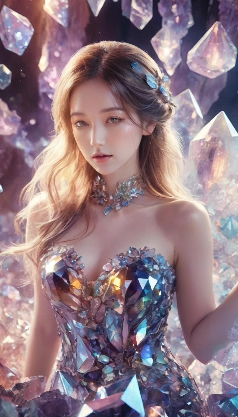A beautiful woman，Half-length photo，Wearing clothes made of crystal，Surround yourself with magical cave walls made of mineral crystals，covered with precious crystals, Crystal Cluster，underground, exploration, Stibnite crystals，Glowing crystal, fluorite crystal,Related mineral crystals , Mysterious atmosphere, Shiny crystal, Natural Crystal, sparkling reflections, underground湖, Hidden treasure, mineral structure，(Best quality，Extremely detailed，Best Illustration Award，The best shadow，masterpiece，high resolution，），Surrealism，(Multiple Exposure:1.5)