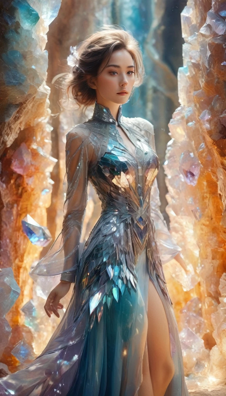 A beautiful woman，Half-length photo，Wearing clothes made of crystal，Surround yourself with magical cave walls made of mineral crystals，covered with precious crystals, Crystal Cluster，underground, exploration, Stibnite crystals，Glowing crystal, fluorite crystal,Related mineral crystals , Mysterious atmosphere, Shiny crystal, Natural Crystal, sparkling reflections, underground湖, Hidden treasure, mineral structure，(Best quality，Extremely detailed，Best Illustration Award，The best shadow，masterpiece，high resolution，），Surrealism，(Multiple Exposure:1.5)