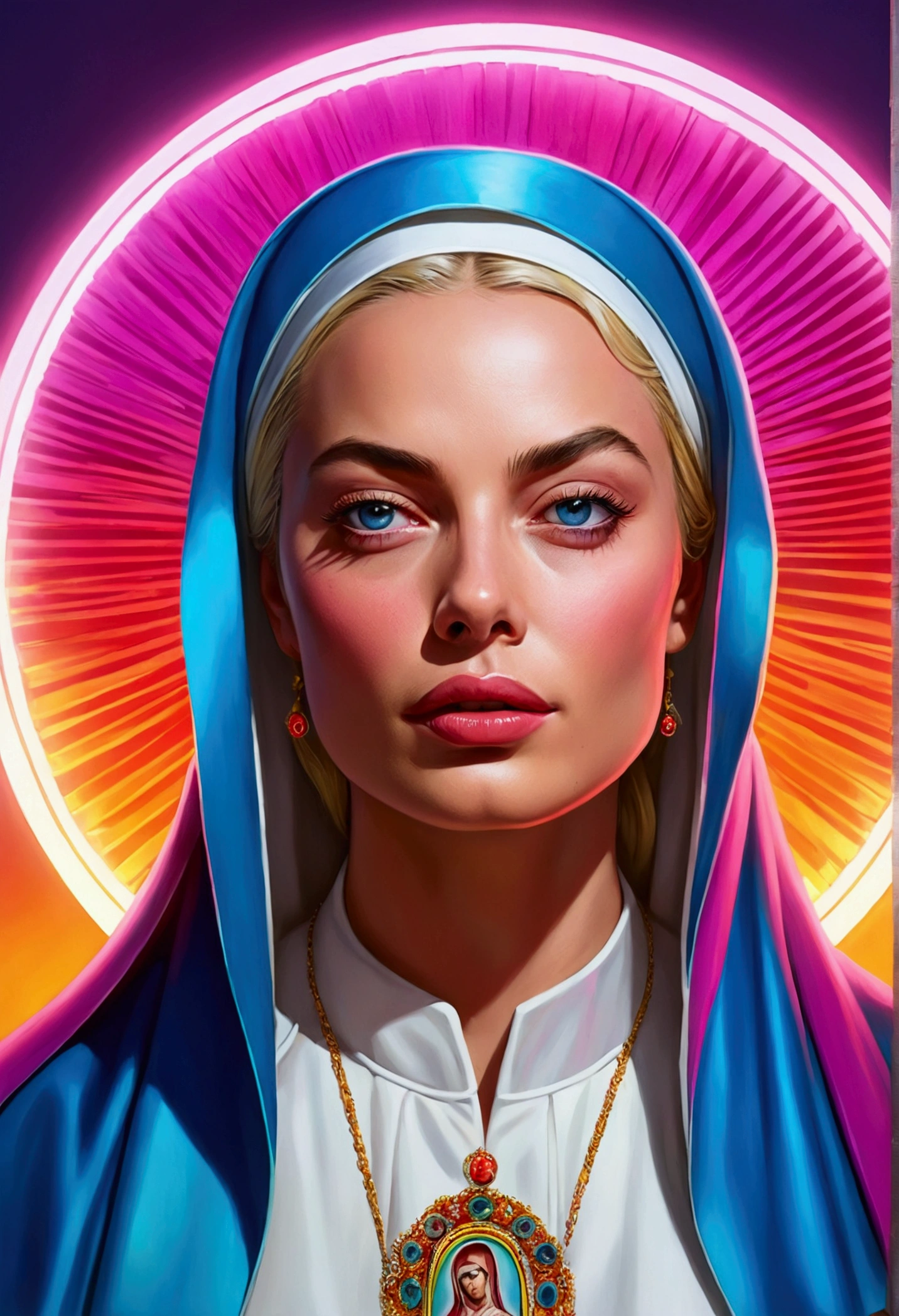 virgin mary art：Alessandro Pautasso, Vibrant fan art, Colorful movie art, Vivid color hyperrealism, Vivid cartoon art, rossdraws cartoon vibrant,Neon Operator Margot Robbie, art germ colorful!!!