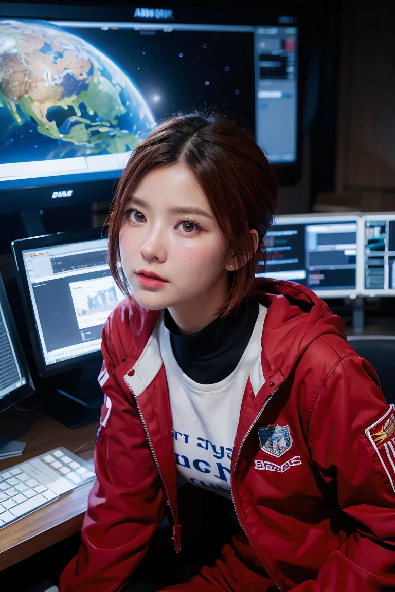 Absurd resolution, high resolution, (masterpiece: 1.4), hyper-detail, 1 young woman, short red hair, pilot suit, rich princess, sitting in an extremely narrow and closed mecha control room looking out the window, the window is the space universe can see the blue planet (1.5), the expression is excited, the mecha control room is in the universe