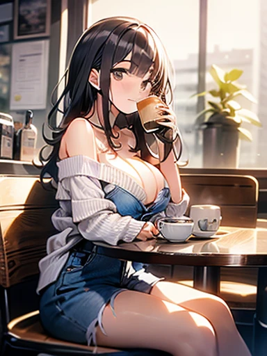 In 8K、Highest quality、masterpiece、Very detailed、Ultra-high resolution、Anime Style、One Woman、Off the shoulder、coffee shop、Open Cafe、Drinking tea,Big Breasts、Long black hair、naked
