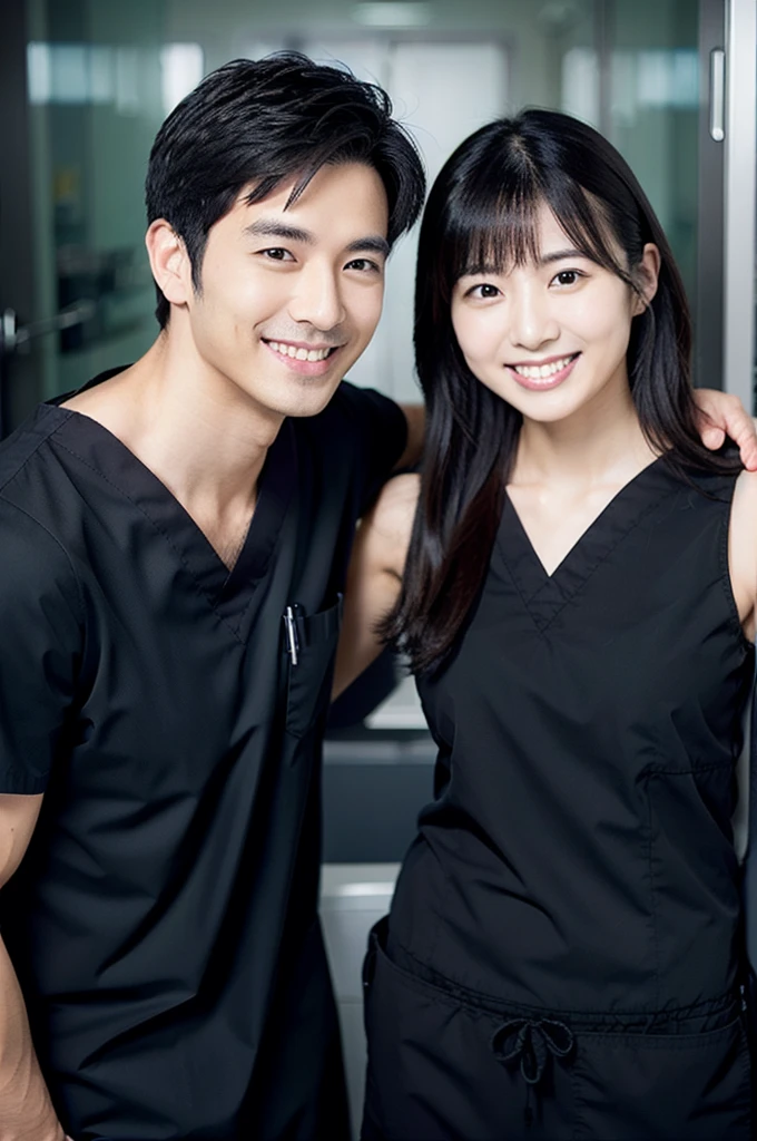 dentist male Wearing black medical scrubs Japanese Black hair Two people in their late 20s Main upper body smile Black
