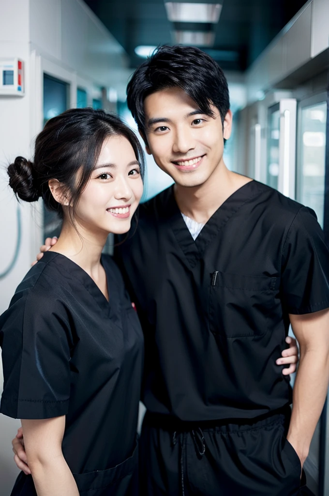 dentist male Wearing black medical scrubs Japanese Black hair Two people in their late 20s Main upper body smile Black