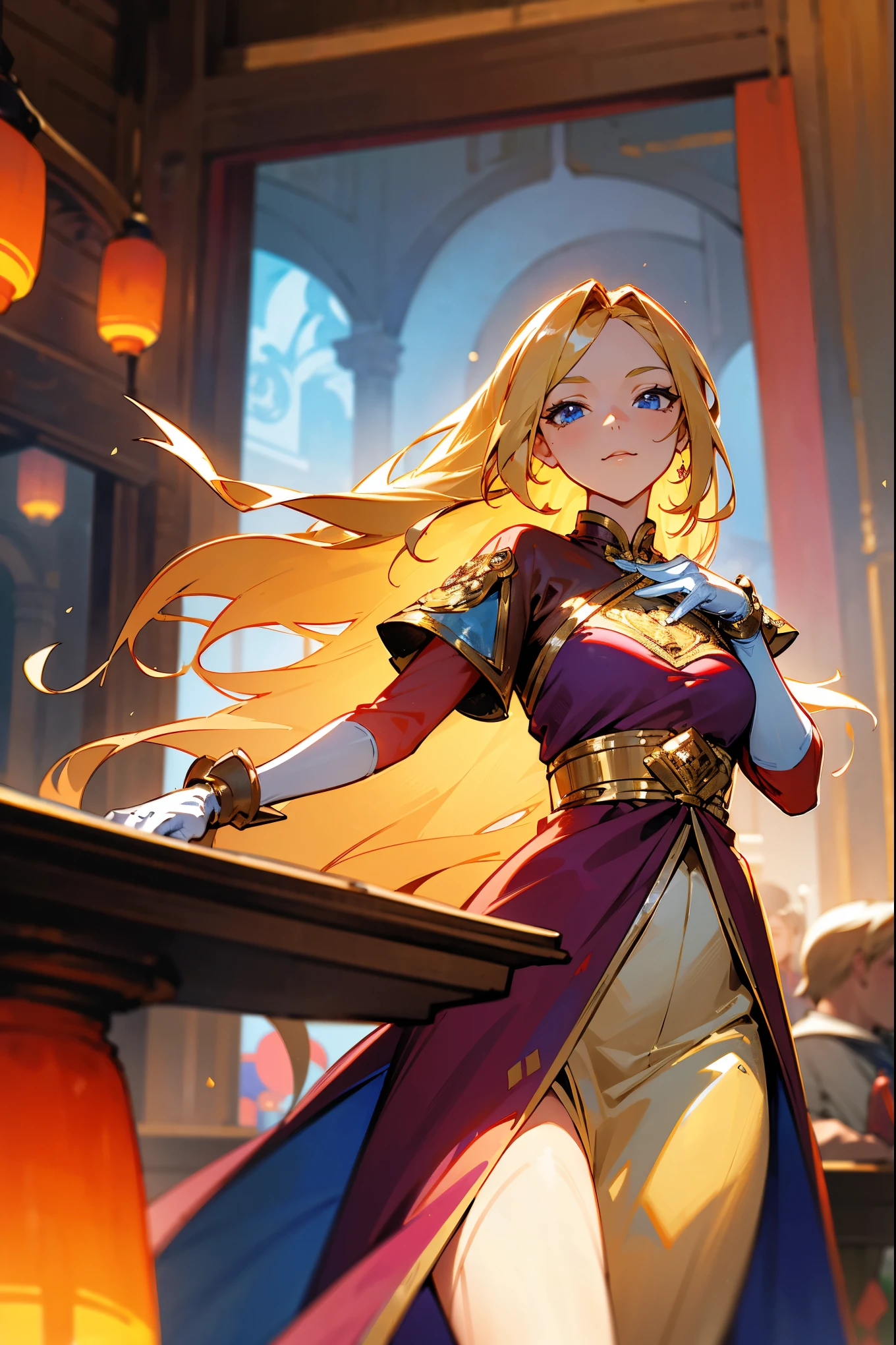 Masterpiece, 8k, a woman with long, flowing golden blonde hair and sapphire blue eyes, wearing a flowing maroon dress with silver flame patterns, and white gloves. The scene is set in a vibrant, bustling marketplace with colorful stalls and lanterns. Standing on path