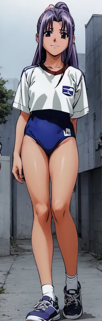 Momoko Koigakubo, a tall girl with beautiful legs, is standing with a smile on her face in a white gym uniform and light navy blue bloomers that look like panties.。
