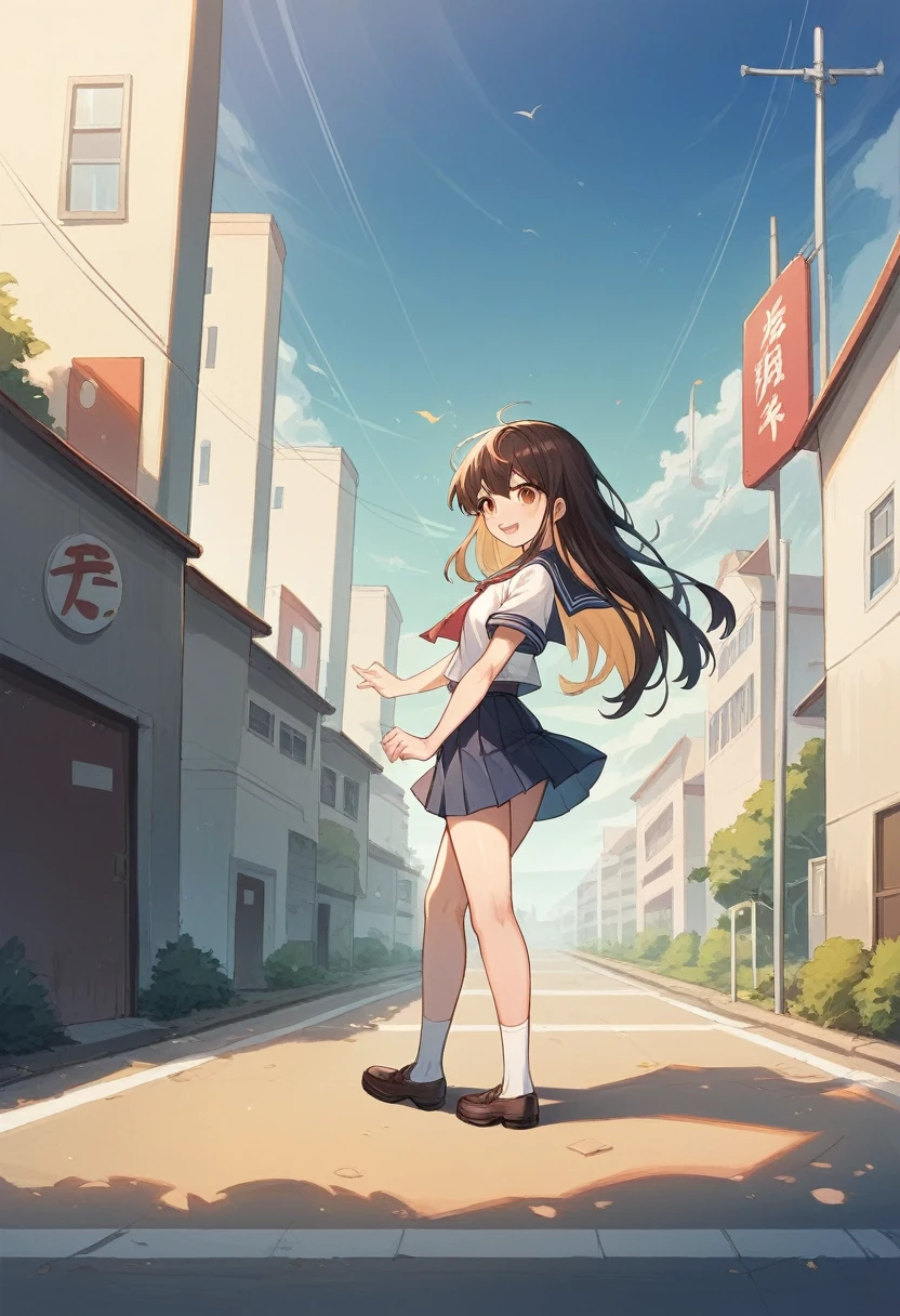 Full body photo of Chinese school uniform girls,She stood on the campus corridor,Looking back at the camera,with a warm smile on his face。A gust of wind blew,Her long hair flutters in the wind,The red tie and skirt were also blown up by the wind, revealing the clothes underneath.。The background is the campus teaching building,The sun shines in from one side of the corridor,Create beautiful light and shadow effects。