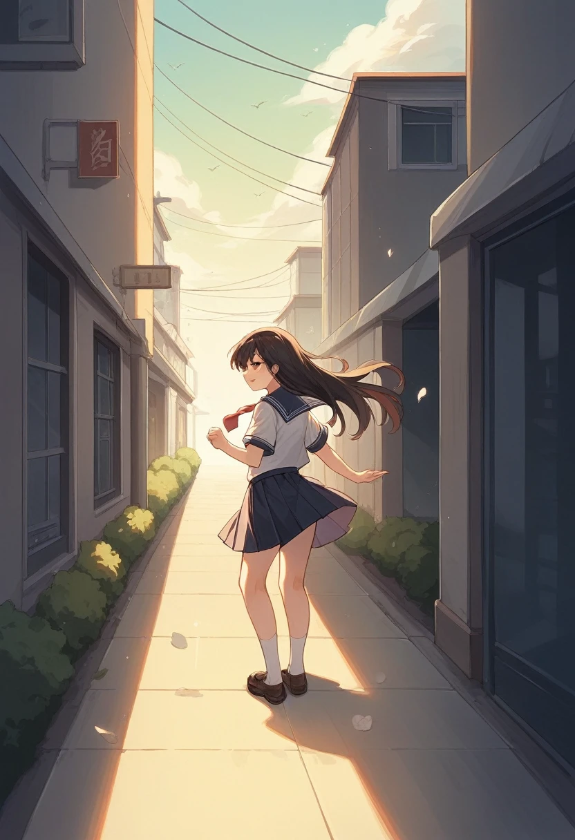 Full body photo of Chinese school uniform girls,She stood on the campus corridor,Looking back at the camera,with a warm smile on his face。A gust of wind blew,Her long hair flutters in the wind,The red tie and skirt were also blown up by the wind, revealing the clothes underneath.。The background is the campus teaching building,The sun shines in from one side of the corridor,Create beautiful light and shadow effects。
