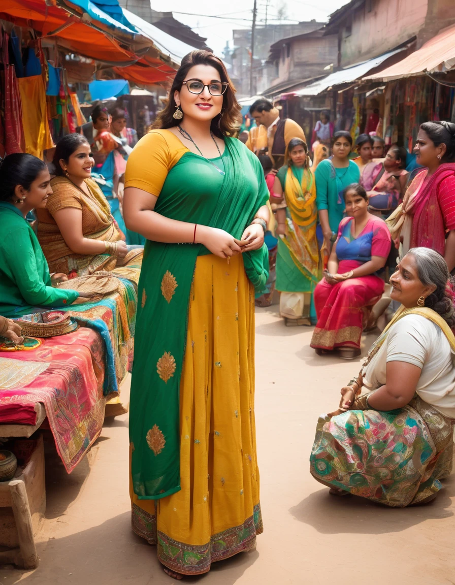 A 24 years old american woman with a large-sized, full figured body shape, ivory white round-shaped face,
Action: She supports local artisans by promoting their crafts, her fitted kurti and churidar adding to her approachable look. She interacts with the artisans and helps showcase their work.Background: A crafts fair with stalls displaying handmade goods, artisans demonstrating their skills, and visitors appreciating the crafts, creating a scene of cultural preservation and economic support.
Highlighting her every curves, figure,shape.She wears a small nose-pin.Her forearm and wrist is tattooed with green ink.small champagne glass type cleavage.. wearing browline eyeglasses."Tisca chopra's face