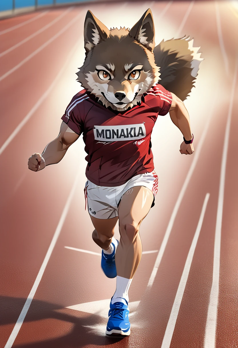 a photo finish shoot of a muscular anthomorph wolf on the running lane,  ((full body shot: 1.5)), ((anatomically correct: 1.5)) (ultra detailed face: 1.2), dynamic fur color, intense eyes, determined look, he is wearing running t shirt, sports shoes, running lane in an athlete stadium in the Olympics,  vibrant, Ultra-high resolution, High Contrast, (masterpiece:1.5), highest quality, Best aesthetics), best details, best quality, highres, 16k, [ultra detailed], masterpiece, best quality, (extremely detailed) RAW, (ultra details, Masterpiece, best quality), Cinematic Hollywood Film, Intense gaze