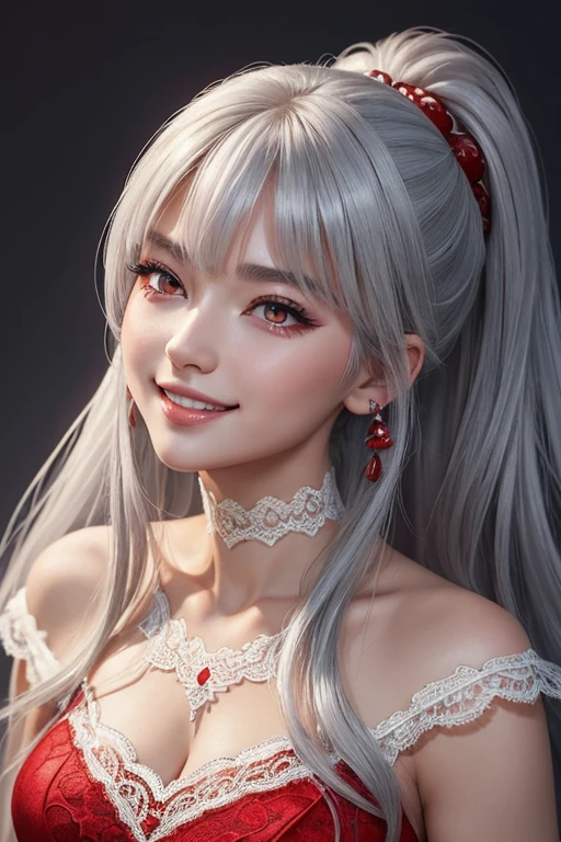 (Highest quality, masterpiece:1.2), (High resolution, 最高masterpiece).(difficult).Very detailed, Realistic:1.37, Fantasy, An illustration,Gray Hair、 ((Red eyes)).Queen, White and blue dress、beautifully、Eyeshadow Red、Thick eyebrows、Long eyelashes、pupils are black、shiny on the lips、Top Sites、Queen、Princess、A kind smile、Show your teeth a little and smile、Soft impression、people々々々々々々々々Loved by、(Slimming the face).Shoulder Bare、ponytail、Kissing Face、Long white hair、Shaggy Bangs、(Save face image).((Red lace dress))、((look up)).