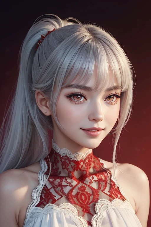 (Highest quality, masterpiece:1.2), (High resolution, 最高masterpiece).(difficult).Very detailed, Realistic:1.37, Fantasy, An illustration,Gray Hair、 ((Red eyes)).Queen, White and blue dress、beautifully、Eyeshadow Red、Thick eyebrows、Long eyelashes、pupils are black、shiny on the lips、Top Sites、Queen、Princess、A kind smile、Show your teeth a little and smile、Soft impression、people々々々々々々々々Loved by、(Slimming the face).Shoulder Bare、ponytail、Kissing Face、Long white hair、Shaggy Bangs、(Save face image).((Red lace dress))、((look up)).