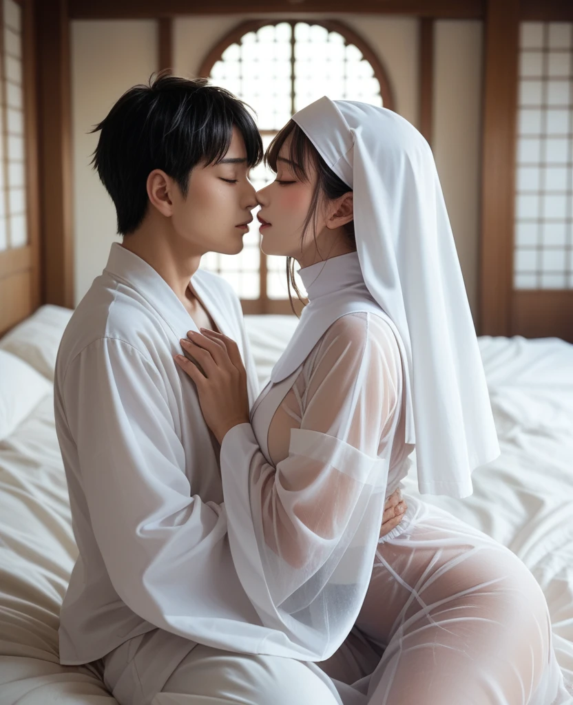 Romantic Lesbians、Japan nun、See-through Japanese-style nightwear、Temple Bedroom、caressing each other