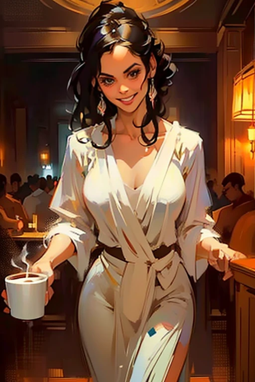((pov, serving the viewer a cup of coffee, friendly smile:1.3)),Good morning. sexy 21 yo woman,(Mexican)descent, dark hair, brown eyes, beautiful athletic figure, natural perky breasts, perfect ass, tan, shapely toned legs, silk robe, sheer lace black lingerie. Masterpiece, (highly detailed:1.2),(detailed face and eyes:1.2), 8k wallpaper, Moody lighting. core shadows, high contrast, bokeh.