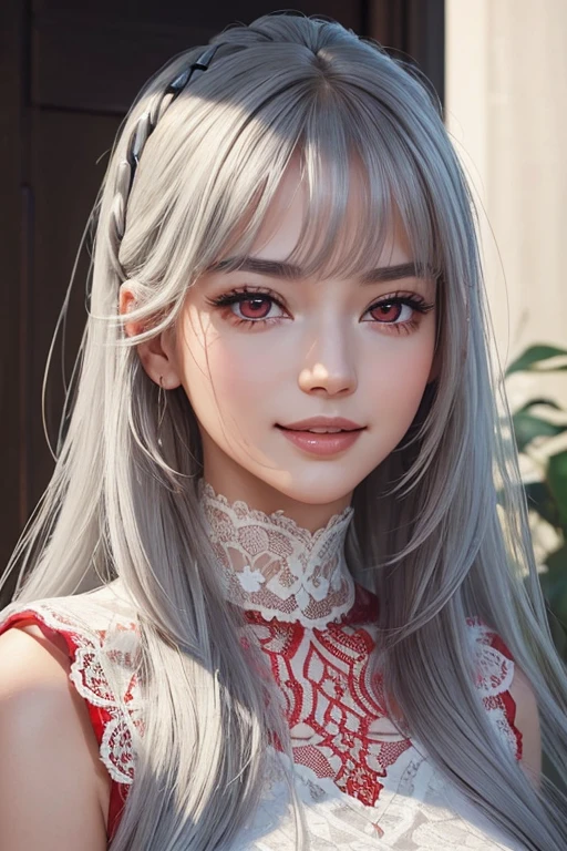 (Highest quality, masterpiece:1.2), (High resolution, 最高masterpiece).(difficult).Very detailed, Realistic:1.37, Fantasy, An illustration,Gray Hair、 ((Red eyes)).Queen, White and blue dress、beautifully、Eyeshadow Red、Thick eyebrows、Long eyelashes、pupils are black、shiny on the lips、Top Sites、Queen、Princess、A kind smile、Show your teeth a little and smile、Soft impression、people々々々々々々々々Loved by、(Slimming the face).Shoulder Bare、ponytail、Kissing Face、Long white hair、Shaggy Bangs、(Save face image).((Red lace dress))、((look up)).