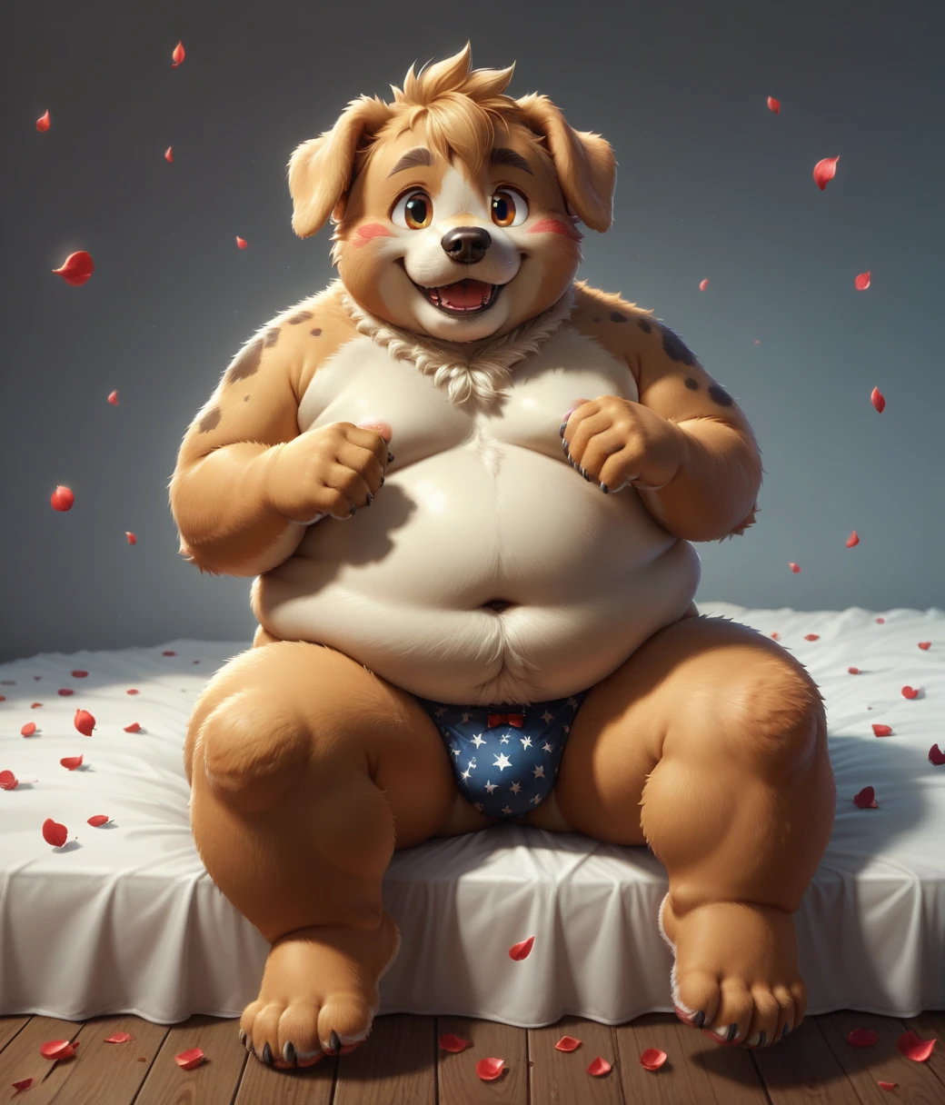 (cute, fat, obese, anthro, male, dog cub), nude, front view, sitting at bed, smile, hipster underwear, surrounded by ais-particlez, many red particles intermixed with blue spores and yellow spores twirling in the wind and enveloping he, detailxl, zPDXL2 